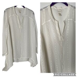 Chicos Embroidered Sheer Lined Ivory  Tunic Feminine Blouse Sz M(Chico’s 2)